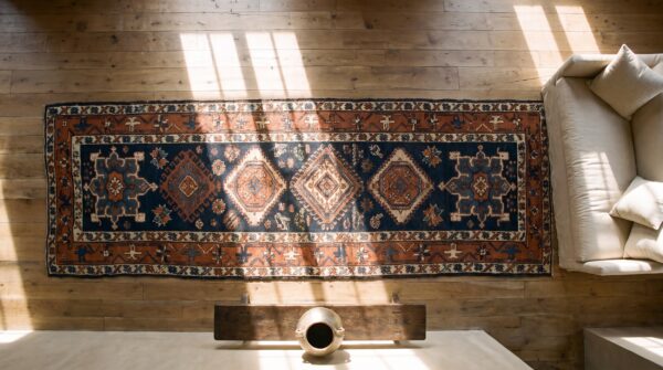Antique blue tribal geometric persian serapi heriz hallway runner rug 2 Antique blue tribal geometric persian serapi heriz hallway runner rug (sku 24823) - styled overhead view
