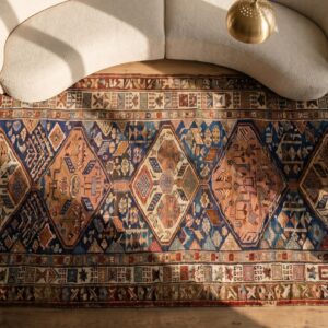 Blue Tribal Antique Hallway Runner Persian Kurdish Rug (SKU 17705) - styled overhead view