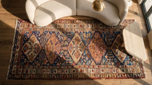 Blue tribal antique hallway runner persian kurdish rug 2 Blue tribal antique hallway runner persian kurdish rug (sku 17705) - styled overhead view