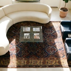 Antique Blue Tribal Kurdish Hallway Runner Rug (SKU 24119) - styled overhead view