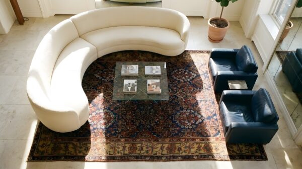 Antique blue tribal kurdish hallway runner rug 2 Antique blue tribal kurdish hallway runner rug (sku 24119) - styled overhead view