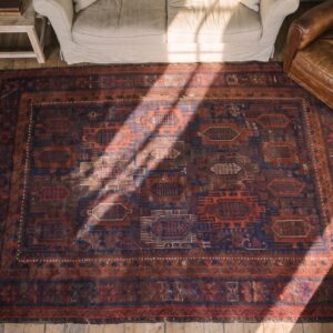 Blue Tribal Antique Late 19th Century Afghan Baluch Rug (SKU 22383) - styled overhead view