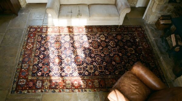 Blue tribal long and narrow antique mid 19th century caucasian shirvan rug 2 Blue tribal long and narrow antique mid 19th century caucasian shirvan rug (sku 24964) - styled overhead view