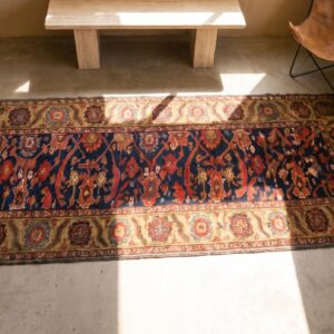 Blue Tribal Mid 19th Century Antique Northwest Persian Hallway Runner Rug (SKU 19090) - styled overhead view