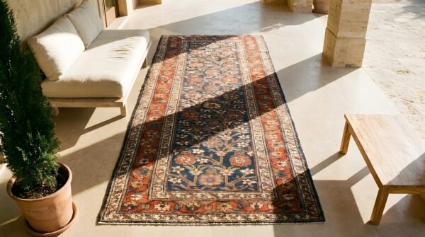 Blue antique tribal mina khani design nw persian hallway runner rug (sku 24212) - styled overhead view