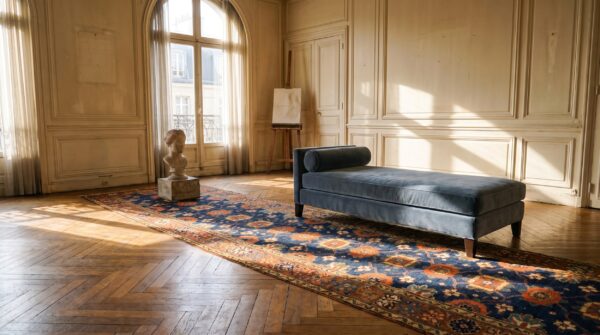 Antique blue tribal mina khani design nw persian very long hallway runner rug 7 Antique blue tribal mina khani design nw persian very long hallway runner rug (sku 25741) - room view