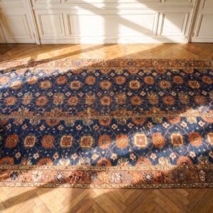 Antique Blue Tribal Mina Khani Design NW Persian Very Long Hallway Runner Rug (SKU 25741) - styled overhead view