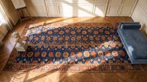 Antique blue tribal mina khani design nw persian very long hallway runner rug 2 Antique blue tribal mina khani design nw persian very long hallway runner rug (sku 25741) - styled overhead view