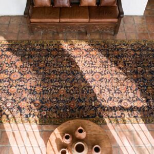 Blue Antique Tribal NW Persian Early 19th Century Hand-Knotted Wool Pile Hallway Runner Rug (SKU 21629) - styled overhead view