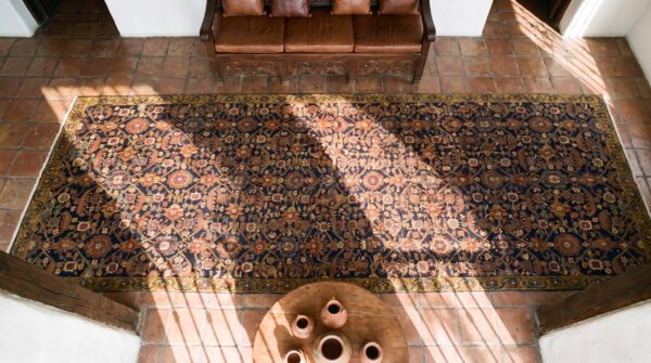 Blue antique tribal nw persian early 19th century hand-knotted wool pile hallway runner rug 2 Blue antique tribal nw persian early 19th century hand-knotted wool pile hallway runner rug (sku 21629) - styled overhead view