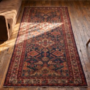 Antique Blue Tribal Persian Serab Hallway Runner Rug - Late 19th Century (SKU 20436) - styled overhead view