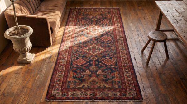 Antique blue tribal persian serab hallway runner rug - late 19th century 2 Antique blue tribal persian serab hallway runner rug - late 19th century (sku 20436) - styled overhead view
