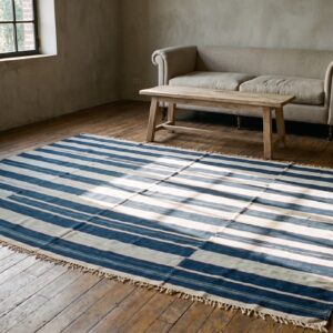 Blue and White Stripes Antique Indian Room Size Flatwoven Cotton Dhurrie Rug (SKU 21554) - room view