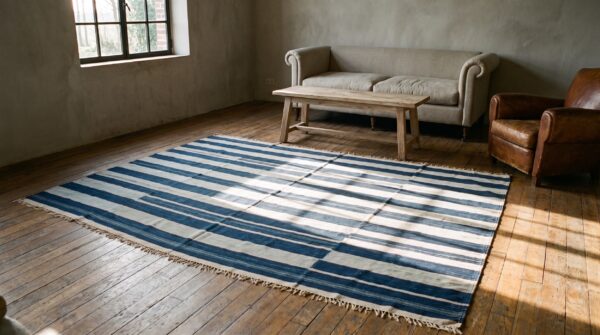 Blue and white stripes antique indian room size flatwoven cotton dhurrie rug 6 Blue and white stripes antique indian room size flatwoven cotton dhurrie rug (sku 21554) - room view