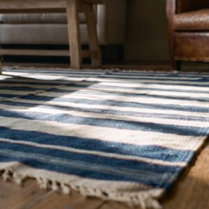 Blue and White Stripes Antique Indian Room Size Flatwoven Cotton Dhurrie Rug (SKU 21554) - in-room detail