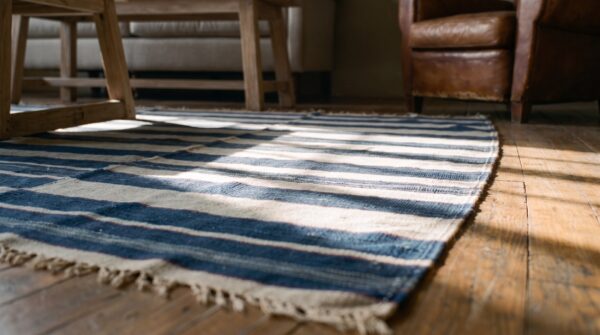 Blue and white stripes antique indian room size flatwoven cotton dhurrie rug 7 Blue and white stripes antique indian room size flatwoven cotton dhurrie rug (sku 21554) - in-room detail