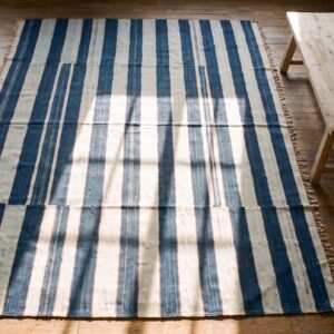 Blue and White Stripes Antique Indian Room Size Flatwoven Cotton Dhurrie Rug (SKU 21554) - styled overhead view