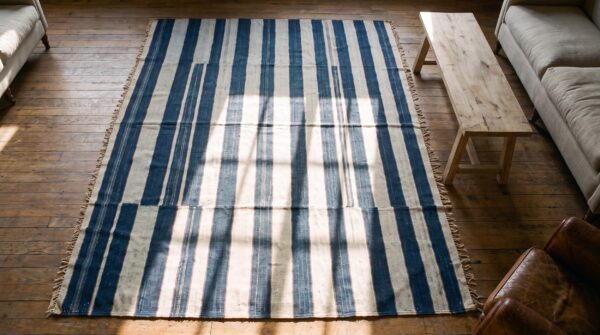 Blue and white stripes antique indian room size flatwoven cotton dhurrie rug 2 Blue and white stripes antique indian room size flatwoven cotton dhurrie rug (sku 21554) - styled overhead view