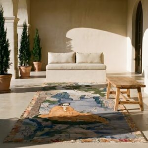 Blue , Yellow Blue and Yellow Antique Chinese Textile Medallion Flat Weave Rug (SKU 25223) - room view
