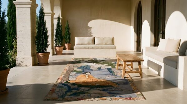 Blue , yellow blue and yellow antique chinese textile medallion flat weave rug 10 Blue , yellow blue and yellow antique chinese textile medallion flat weave rug (sku 25223) - room view
