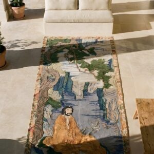 Blue , Yellow Blue and Yellow Antique Chinese Textile Medallion Flat Weave Rug (SKU 25223) - styled overhead view