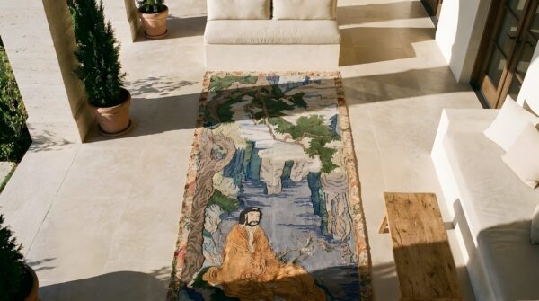 Blue , yellow blue and yellow antique chinese textile medallion flat weave rug 2 Blue , yellow blue and yellow antique chinese textile medallion flat weave rug (sku 25223) - styled overhead view