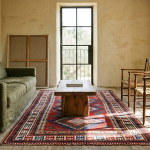 Bold Bright Red Antique Late 19th Century Tribal Geometric Caucasian Kazak Rug (SKU 19293) - room view