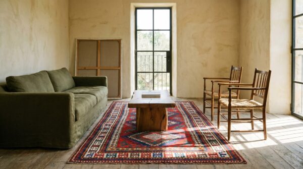 Bold bright red antique late 19th century tribal geometric caucasian kazak rug 8 Bold bright red antique late 19th century tribal geometric caucasian kazak rug (sku 19293) - room view