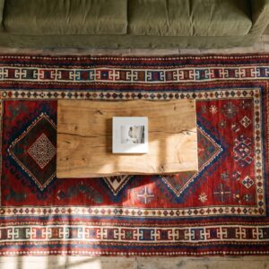 Bold Bright Red Antique Late 19th Century Tribal Geometric Caucasian Kazak Rug (SKU 19293) - styled overhead view