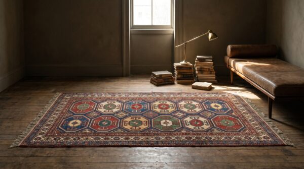 Bold antique caucasian tribal geometric pattern colorful moghan rug 8 Bold antique caucasian tribal geometric pattern colorful moghan rug (sku 18589) - room view