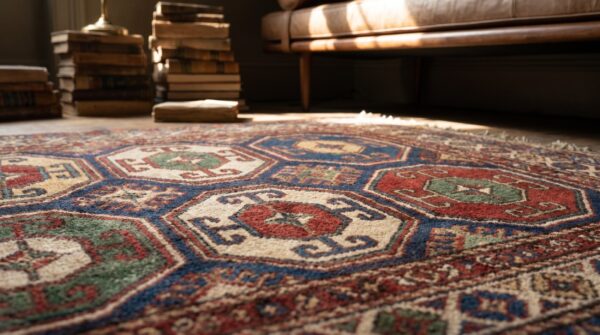 Bold antique caucasian tribal geometric pattern colorful moghan rug 9 Bold antique caucasian tribal geometric pattern colorful moghan rug (sku 18589) - in-room detail