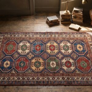 Bold Antique Caucasian Tribal Geometric Pattern Colorful Moghan Rug (SKU 18589) - styled overhead view