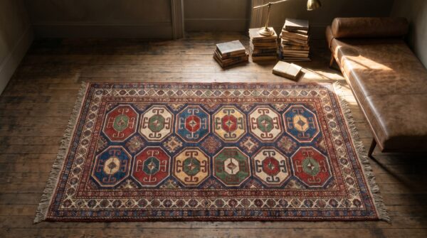 Bold antique caucasian tribal geometric pattern colorful moghan rug 2 Bold antique caucasian tribal geometric pattern colorful moghan rug (sku 18589) - styled overhead view