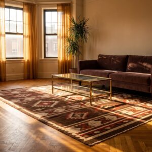 Bold Charcoal and Red Antique Flat Weave Tribal Geometric Native American Navajo Rug (SKU 25064) - room view