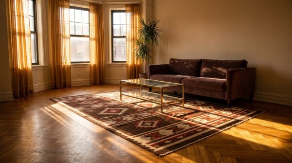 Bold charcoal and red antique flat weave tribal geometric native american navajo rug (sku 25064) - room view