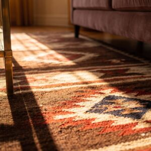 Bold Charcoal and Red Antique Flat Weave Tribal Geometric Native American Navajo Rug (SKU 25064) - in-room detail