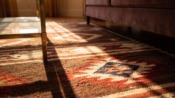 Bold charcoal and red antique flat weave tribal geometric native american navajo rug (sku 25064) - in-room detail