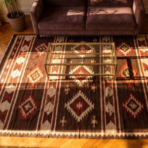 Bold Charcoal and Red Antique Flat Weave Tribal Geometric Native American Navajo Rug (SKU 25064) - styled overhead view