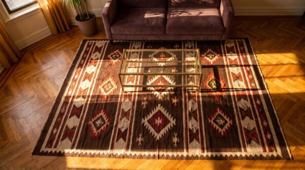 Bold charcoal and red antique flat weave tribal geometric native american navajo rug (sku 25064) - styled overhead view