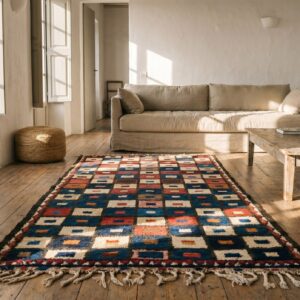 Bold Colorful Tribal Geometric Checkerboard Design Antique Persian Gabbeh Rug (SKU 19181) - room view