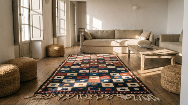 Bold colorful tribal geometric checkerboard design antique persian gabbeh rug 7 Bold colorful tribal geometric checkerboard design antique persian gabbeh rug (sku 19181) - room view