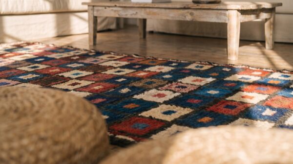 Bold colorful tribal geometric checkerboard design antique persian gabbeh rug 8 Bold colorful tribal geometric checkerboard design antique persian gabbeh rug (sku 19181) - in-room detail