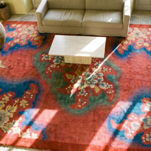 Bold Coral Antique Art Deco Design Chinese Room Size Rug (SKU 21467) - styled overhead view