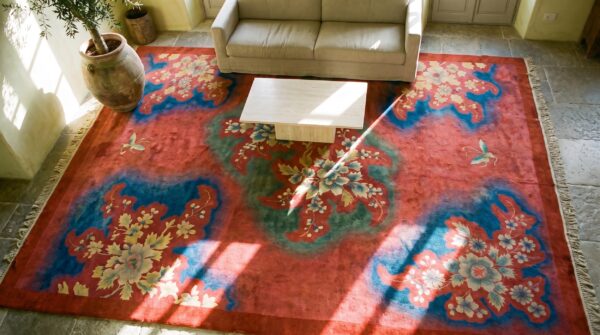 Bold coral antique art deco design chinese room size rug 2 Bold coral antique art deco design chinese room size rug (sku 21467) - styled overhead view