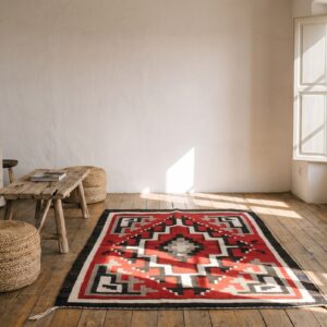 Bold Coral Tribal Geometric Antique Navajo Square Flatweave Rug (SKU 21453) - room view