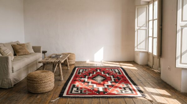 Bold coral tribal geometric antique navajo square flatweave rug 4 Bold coral tribal geometric antique navajo square flatweave rug (sku 21453) - room view
