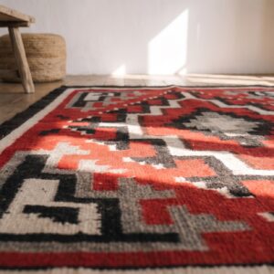 Bold Coral Tribal Geometric Antique Navajo Square Flatweave Rug (SKU 21453) - in-room detail