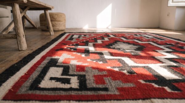 Bold coral tribal geometric antique navajo square flatweave rug 5 Bold coral tribal geometric antique navajo square flatweave rug (sku 21453) - in-room detail