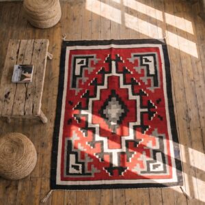 Bold Coral Tribal Geometric Antique Navajo Square Flatweave Rug (SKU 21453) - styled overhead view