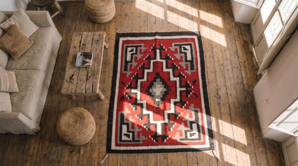 Bold coral tribal geometric antique navajo square flatweave rug 2 Bold coral tribal geometric antique navajo square flatweave rug (sku 21453) - styled overhead view